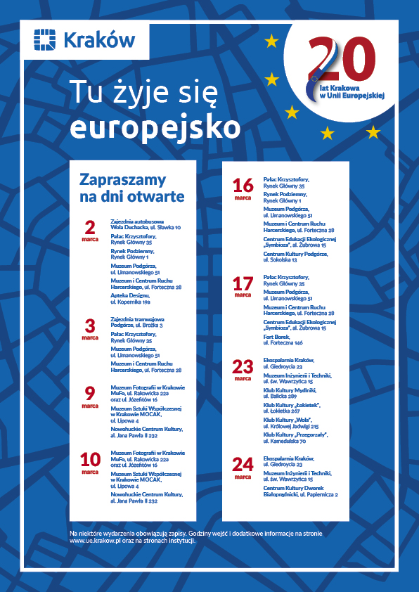 plakat Harmonogram obchodów 20-lecia Krakowa w Unii Europejskiej